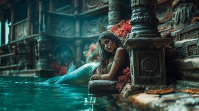 Sultry Mermaid lounging on the ledge of a grotto pool