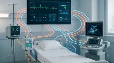 Équipements médicaux connectés montrant l’interopérabilité dans une chambre d’hôpital.