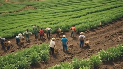 A group of six people are working together on a patch of land, engaging in agricultural activities. They are dressed in various colors with some donning traditional hats. The background consists of dense green foliage and trees, with a marshy area or river behind the workers. The scene suggests a rural setting with natural surroundings.