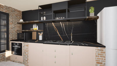 Cuisine après conception meuble bas beige/orangé, plan de travail marbre noir et hotte contemporaine