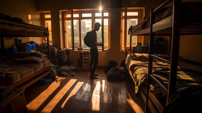 backpacker settling in a rented bedspace in Shimoga, India 