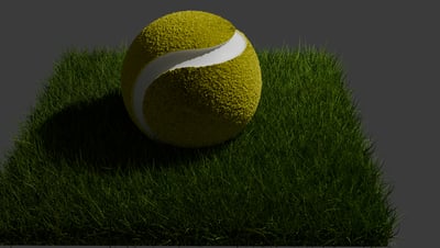 High-quality 3D render of a realistic tennis ball on grass.