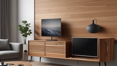 A minimalist interior design featuring a wooden sideboard with sleek lines and a potted plant on top. Modern pendant lights with circular designs hang from the ceiling, and decorative items are arranged on a recessed shelf. A light blue armchair with a wooden frame is positioned in the foreground, enhancing the contemporary aesthetic.