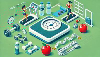 Übergroße Körperwaage mit Fitnessgeräten drum herum