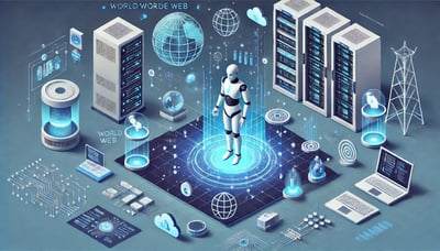 Humanoider Roboter mit Server, Laptop und Weltkugel drum herum
