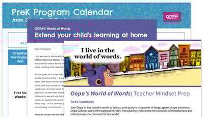Teacher support materials, including a program calendar, letter home, and teacher mindset.