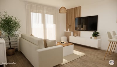 Salon moderne couleur neutres et apaissante espace TV et cache radiateur sur mesure