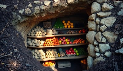 A rustic root cellar partially buried into the hillside with shelves of food.