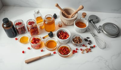 An assortment of essential DIY skincare tools arranged neatly on a white marble countertop.