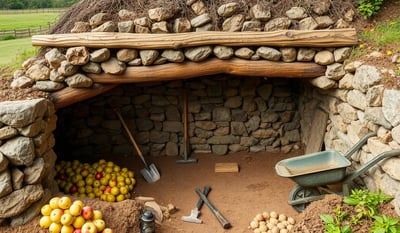 A rustic root cellar being constructed, with natural stone walls, wooden beams, and a earthen floor.