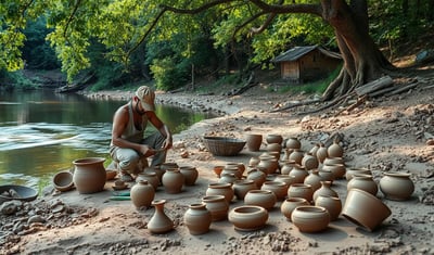 A potter working with wild clay by a riverbank, surrounded by greenery and natural clay deposits.