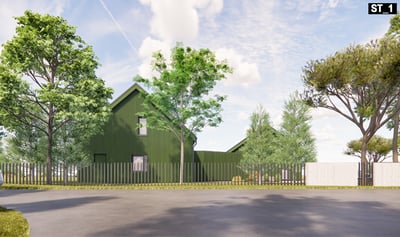 Šiuolaikinės architektūros namas su šlaitiniu stogu ir termo medienos fasadu