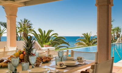 Pool area at Villa El Rincon, a luxury beachfront villa in Marbella.