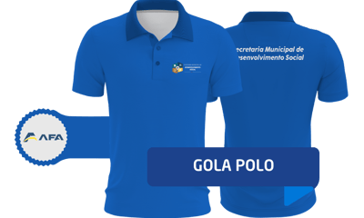 Camisa gola polo na cor azul com logomarca da secretaria municipal de desenvolvimento social