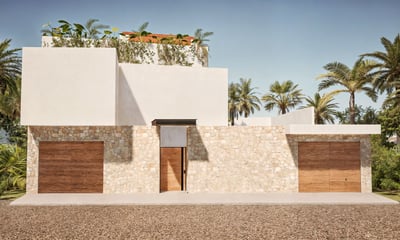 Casa de playa minimalista con materiales neutros , madera y chukum