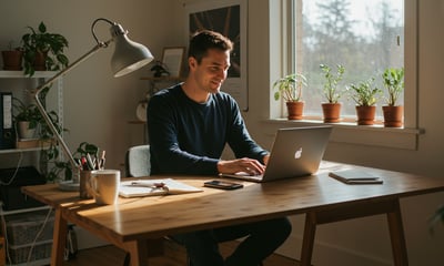 Man sitting at desk typing on laptop