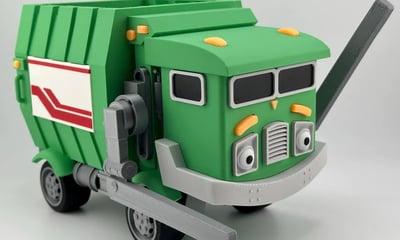 Handmade toy garbage truck with functional arms and wheels