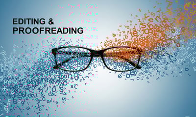 a pair of glasses with letters spelling out the words editing and proof reading