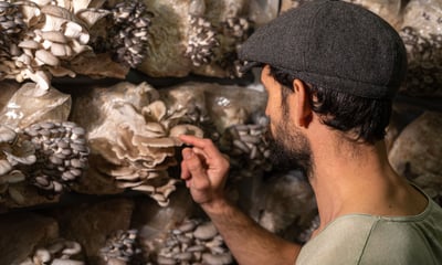 a man in a hat and a hat on a shelf