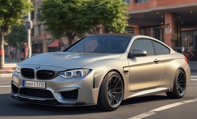 a silver bmw m4 with a silver car in the background