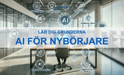 En man sitter på en kontorsstol vid ett skrivbord och arbetar på en dator med olika AI-symboler runt omkring sig.