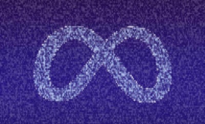 A digital representation of the Meta logo made up of binary code, symbolizing Facebook ads in the digital marketing space.