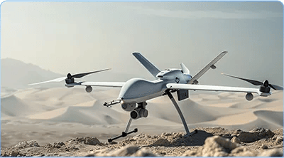 a large military drone flying over a desert