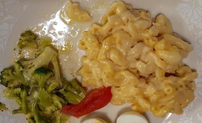 mac and cheese, broccoli, dressed egg