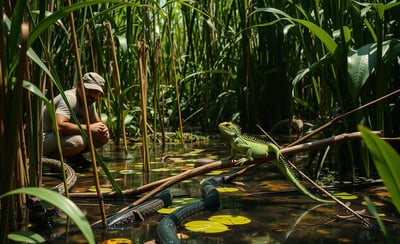 A dense, sun-drenched swamp with a skilled hunter crouching low among the reeds, carefully observing