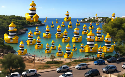 a large group of yellow rubber PATOCOLOM ducks floating in the water of s´arenal of Portocolom