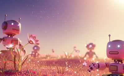 a robot toy robot in a field with flowers
