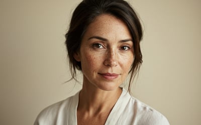 a woman with frecked hair and a white shirt