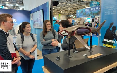 un groupe d'adultes avec la maquette requin interactive