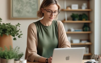 a woman sitting at a table with a laptop computer
