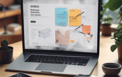 A laptop displaying a website design with the phrase 'Build your dream website.' next to a minimalistic building image. The scene also includes a modern mug and a smartphone placed on a wooden desk.