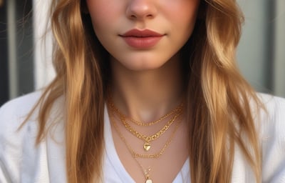 A gold-colored, intricately designed jewelry piece is resting on a reflective surface. The jewelry features multiple rectangular links and is likely a bracelet or necklace. It is displayed in soft lighting, emphasizing its shine and texture.