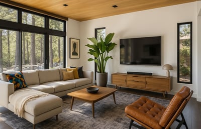 Bright Mid-Century living space with sectional, large windows, and warm wood ceiling