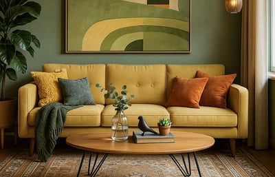 Mid-Century Modern living room with curved olive sofa, abstract wall art, and wood coffee table