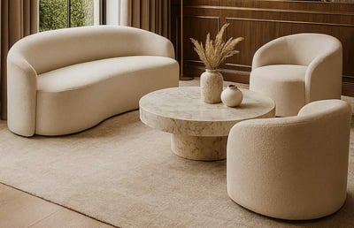 Ivory curved sofa with two matching chairs by Solo Home Decor in a bright modern space.