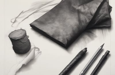 A monochrome illustration of a rooster is depicted on a dark surface. The drawing features intricate line work, highlighting the rooster's feathers and form against a flat backdrop.