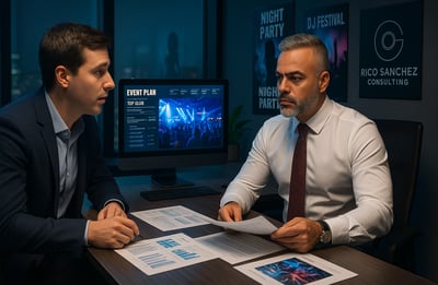 two men sitting at a table with papers and papers