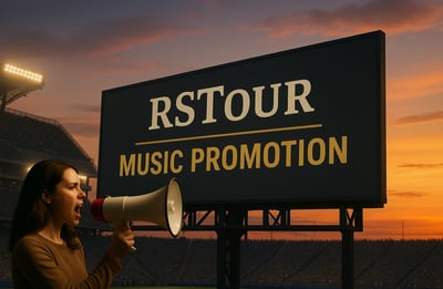 a woman is holding a megaphone and yelling music promotion