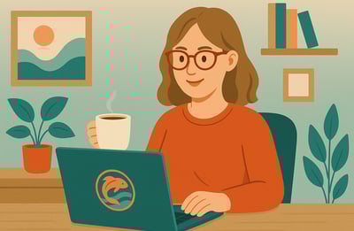 a woman sitting at a desk with a cup of coffee