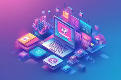 WordPress svetainės kūrimas – funkcionalumo iliustracija su SEO įrankiais, įskiepiais, saugiu talpin