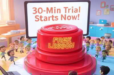a classroom with a large red object in the middle of a classroom