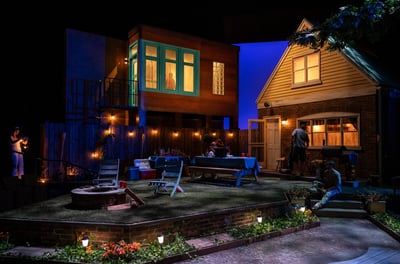 Lottery Day - Two houses (one modern, one classic Chicago) and an expansive backyard at night