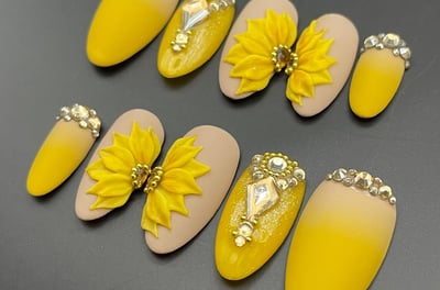 Yellow Sunflowers Diamond Luxury 3D Press on Nails, Reusable Handmade Fake Fingernails F63