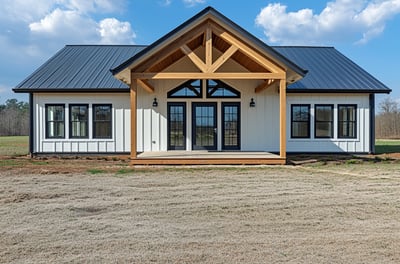a house plan with a black roof and white siding