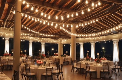 A beautifully decorated outdoor event space at night, featuring a floral archway adorned with lush greenery and white flowers. Behind the archway, tables are set up with chairs, each dressed with dark covers tied with bows. The atmosphere is festive, highlighted by string lights and hanging lamps casting a warm glow.