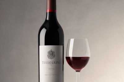 A wine bottle with a black and red label stands upright against a dark background. The label features intricate typography and design elements, with the word 'Вино' prominently displayed.